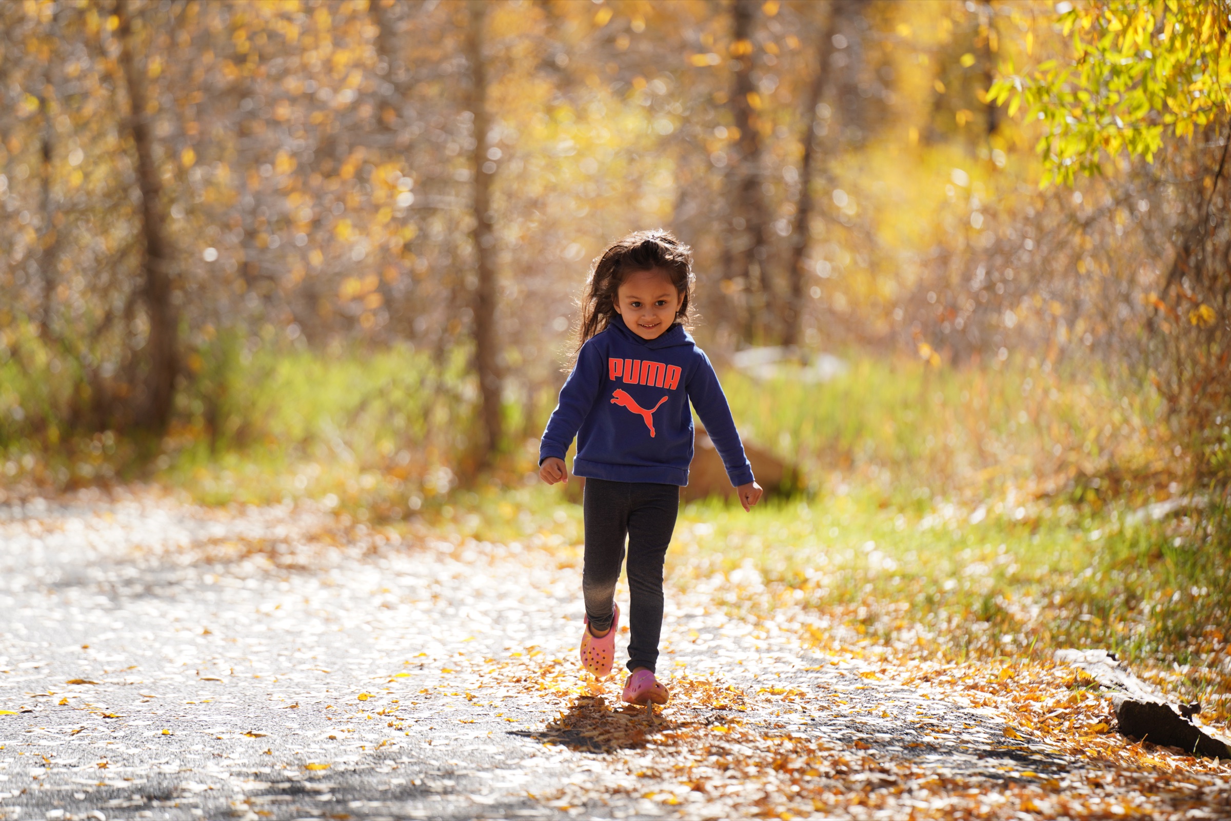 Girl stomping through fallen leaves on a sunlit path